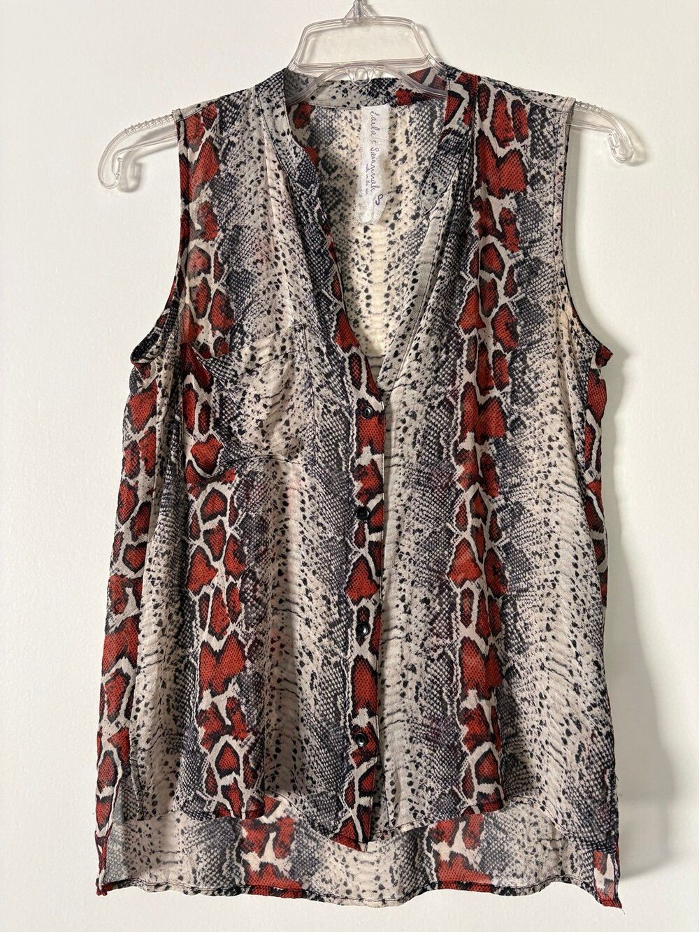 Laila Savannah 100% Silk Tank S Red Snakeskin Button Up V Neck Mandarin Blouse - Picture 2 of 8